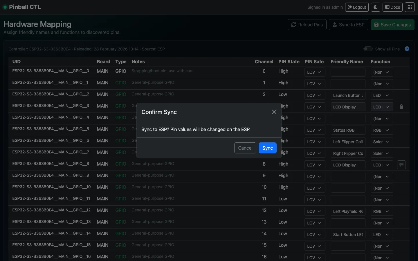 Hardware Sync to ESP confirmation modal