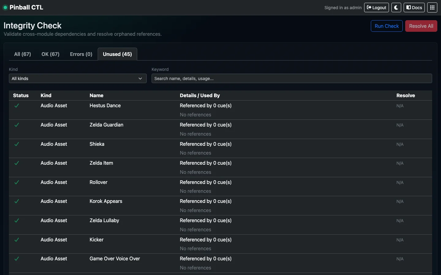 Integrity Check unused tab