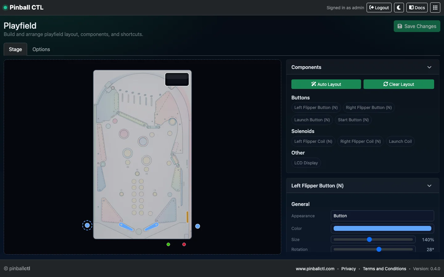 Playfield components card expanded with selected component