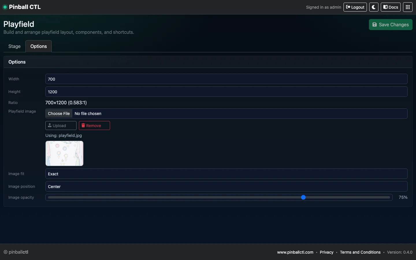 Playfield options tab