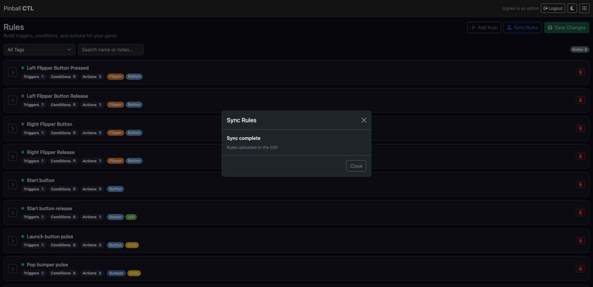 Rules sync modal completion state