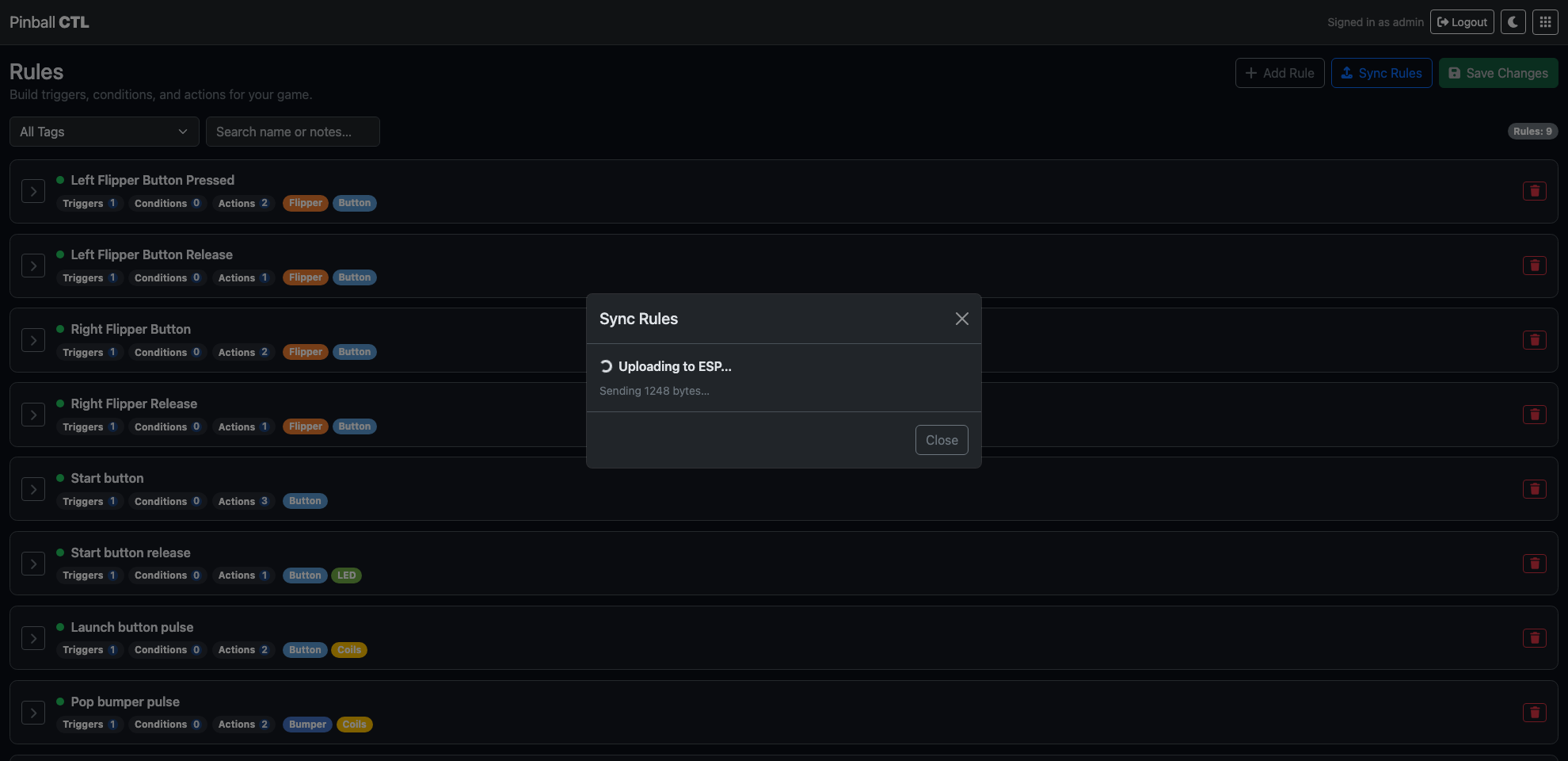 Rules sync modal uploading state