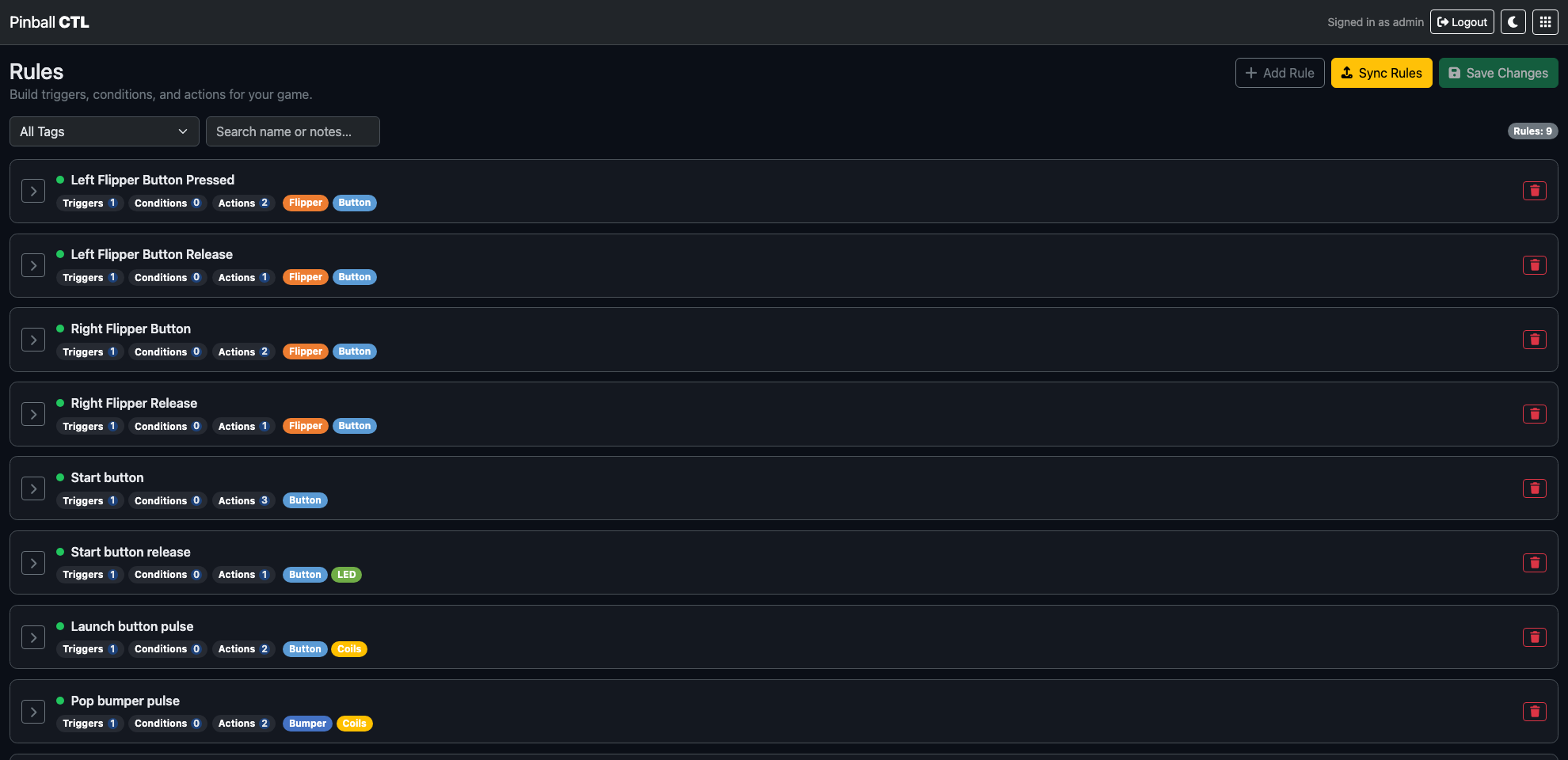 Rules module list and editor