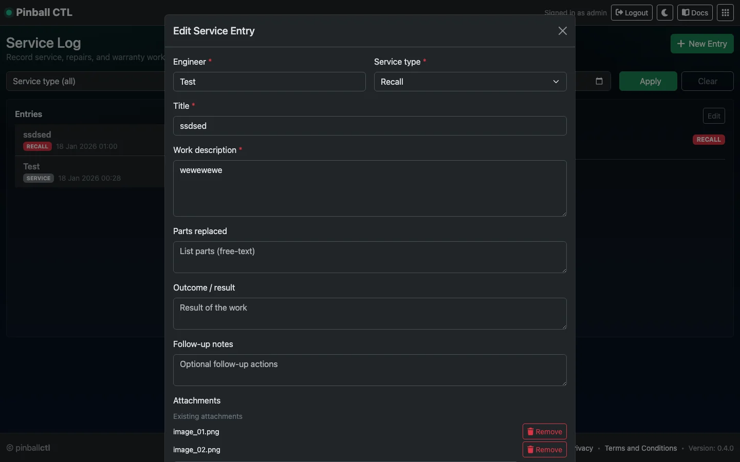 Service Log edit workflow