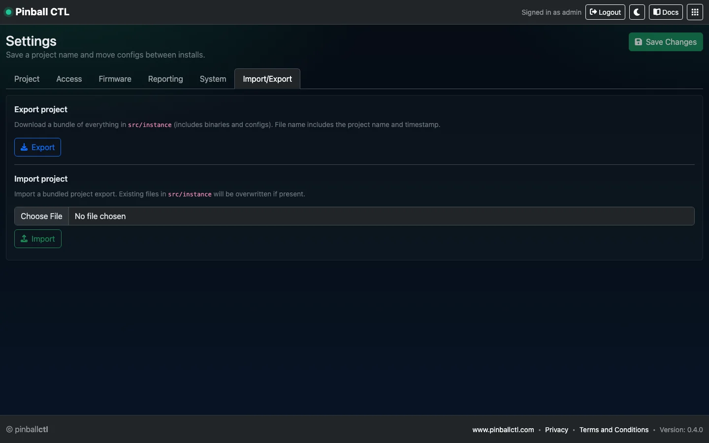 Settings import export tab