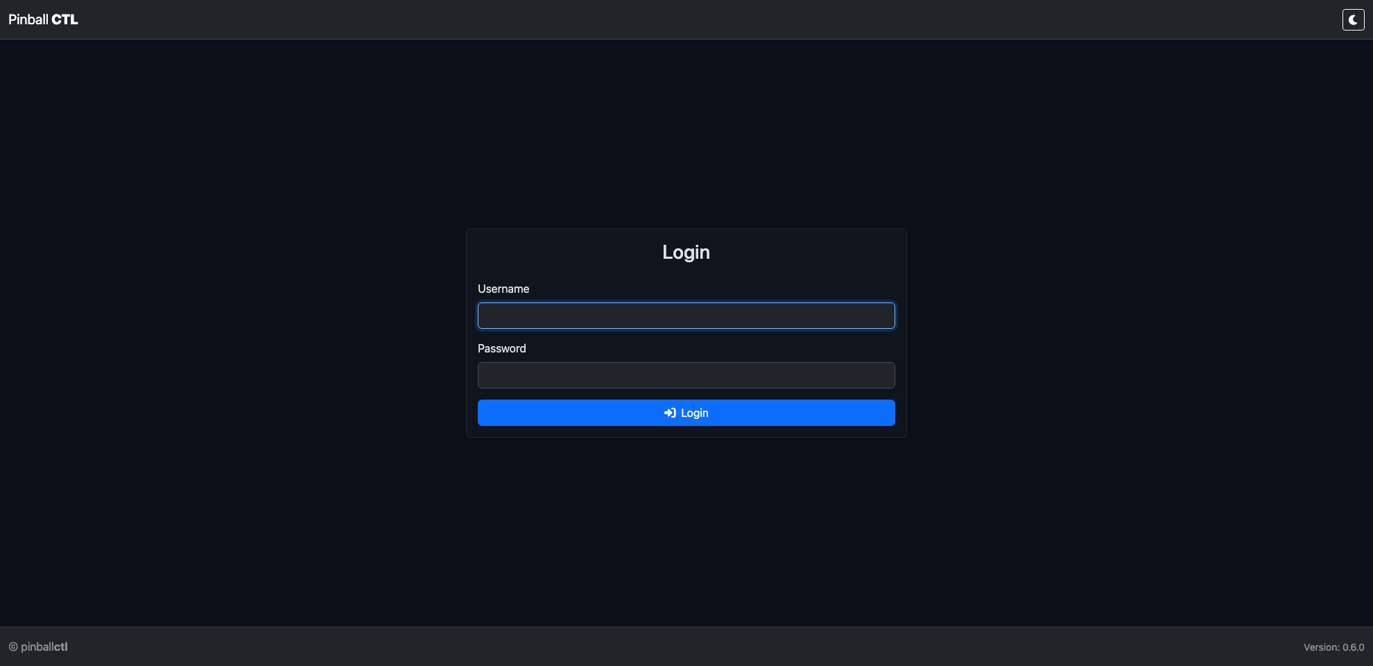 Pinball CTL login screen